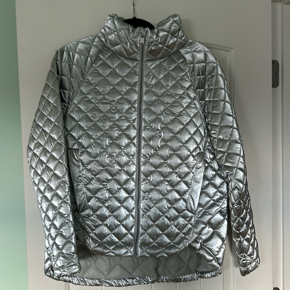 Athleta metallic silver puffer jacket, size M, NWOT